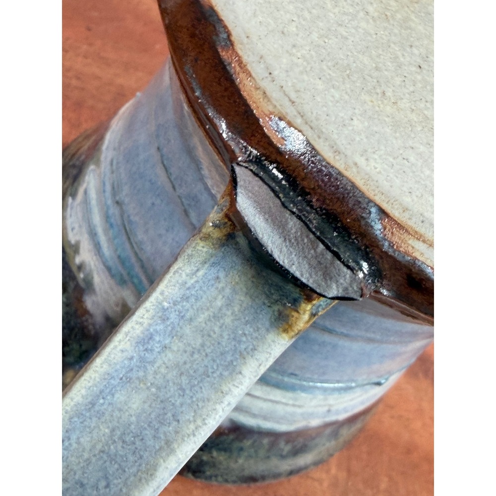 Handmade Studio Pottery Mug Blue Brown Drip Glaze Hand Thrown Signed Stoneware - Picture 8 of 12